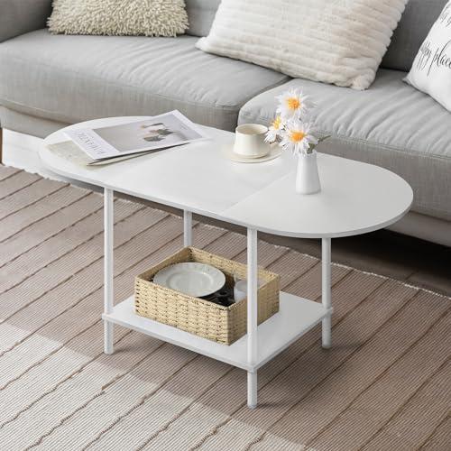 White Coffee Tables for Living Room,2-Tier Small Coffee Table Industrial Modern Oval Center Table with Storage Shelf and Wood Tabletop,for Small Space,Home Office