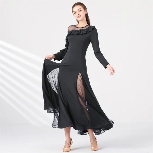 Small Lotus Leaf Sleeve Polka Dot Stitching Ballroom Dance Dress for Women Waltz Dress Rumba Ball Gown