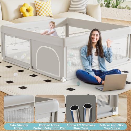 Hiaksedt Baby Playpen 50x50 Inch, Play Pens for Babies and Toddlers | Baby Fence for Indoor & Outdoor, Sturdy Safety Play Yard with Soft Breathable Mesh, Anti-Fall, Grey