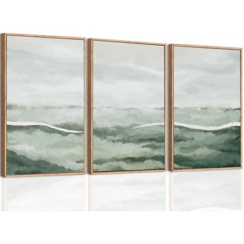 ANHUIB Green Wall Art 16x24 Inch Large Canvas Wall Art Abstract Watercolor Wall Decor Misty Landscape Art Prints Framed Neutral Paintings Set of 3 for Living Room Bedroom Ofice