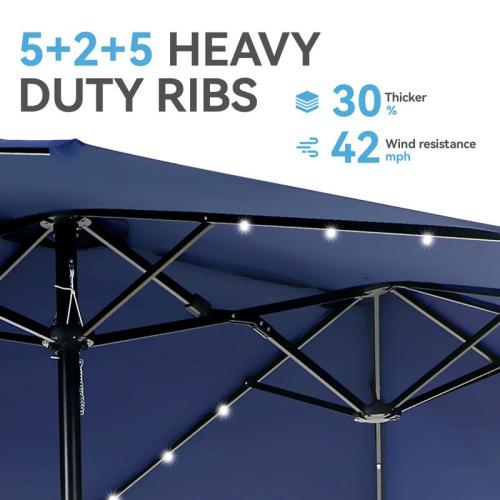 GREEN PARTY 15 ft Rectangle Patio Umbrella with Solar Lights and Base Included, Double-Sided Market Table Umbrella with Crank, Large Outdoor Umbrellas for Patio Poolside Garden Backyard, Navy Blue