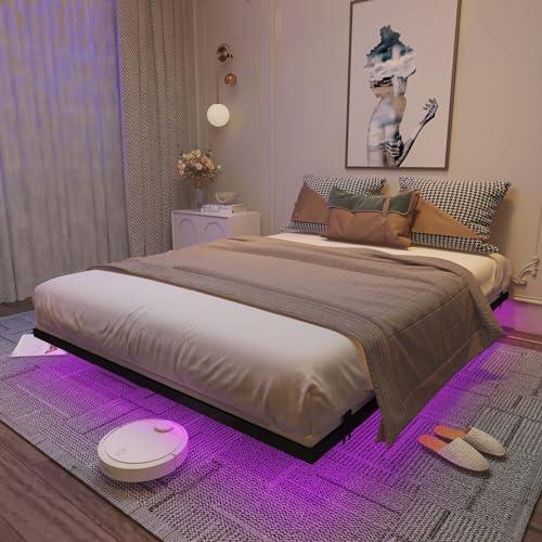 Floating Bed Frame King Size with Charging Station and LED Lights, Metal Platform Bed Frame, No Box Spring Needed, Easy Assembly, (King)