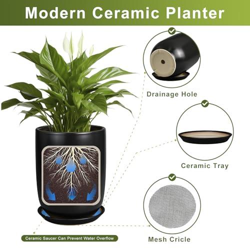 Ceramic Planter Pot - 12 Inch Large Plant Pot with Drainage Hole and Saucer Modern Flower Pot for Indoor Outdoor Plants Home Garden Decor Black
