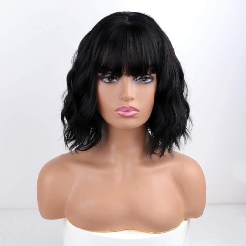 MISSQUEEN Short Wavy Black Wig with Bangs,Black Bob Hair Wigs for Women