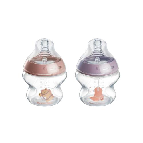 Tommee Tippee Natural Start Newborn Baby Bottles, 5 oz, with Slow Flow Breast-Like Nipples for A Natural Latch, Self-Sterilizing and BPA Free, Cowboy Theme, Pack of 2
