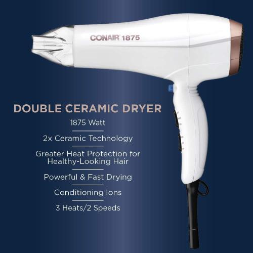 Conair Double Ceramic 1875W Hair Dryer, 3 Heat/ 2 Speed Blow Dryer, Powerful and Fast Drying, Includes Concentrator, Cool Shot Button, Removable Filter, White, Travel hair dryer