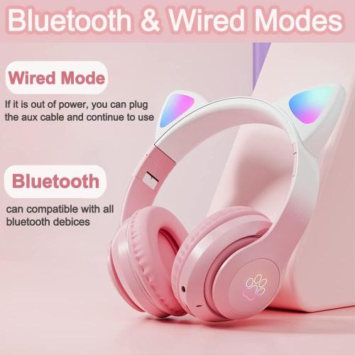 Kids Headphones for School, Kid Bluetooth Wireless Cat Ear Headphones with Microphone, Over Ear Headphones for Kids Teens Adults (Pink Pro)