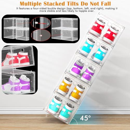 ARSTPEOE 6-Pack Clear Shoe Storage Boxes Magnetic Stackable | Upgraded Harder Material, Stackable Space-saving, Fits Sneakers & Boots, Clear Magnetic Front Door