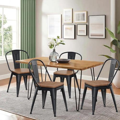 Alunaune 18inch Metal Dining Chair Set of 4 High Back Classic Chic Iron Farmhouse Chairs Industrial Stackable Coffee Stools Bistro Cafe Side Barstools Wood Seat-Black