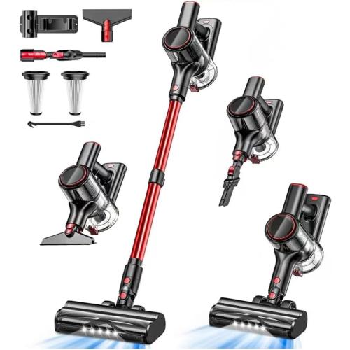 Cordless Vacuum Cleaner, 8-in-1 Vacuum Cleaners for Home, 45Mins Runtime, Anti-Tangle Stick Vacuum with LED Display, Rechargeable Lightweight Vacuum for Pet Hair/Carpet/Floor (Red)