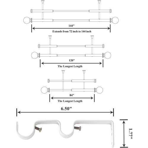 WHITE Double Curtain Rods,WL.Rocaille 1 Inch Curtain Rods 72 to 144 Inches,Window Telescoping Dual Curtain Rod Set with End Cap,Adjustable Decorative White Curtain Rods for Bedroom,living Room