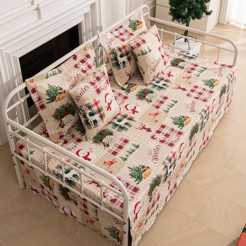 5-Piece Christmas Daybed Cover Set Twin Cozy Xmas Snowflake Reindeer Daybed Bedding Sets New Year Day Bed Comforter Bedspread, Santa Day Bed Cover with 4 Pillow Shams,39x75(Beige Red)