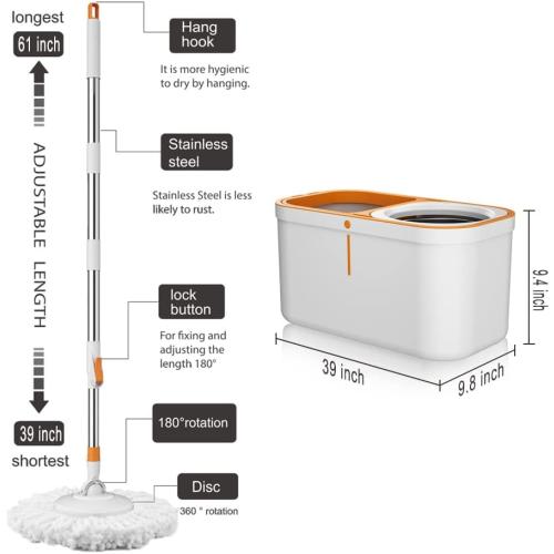 Floor Spin Mop and Bucket Set with Wringer System Extended Stainless Steel Handle 61＂for Home Floor Cleaning