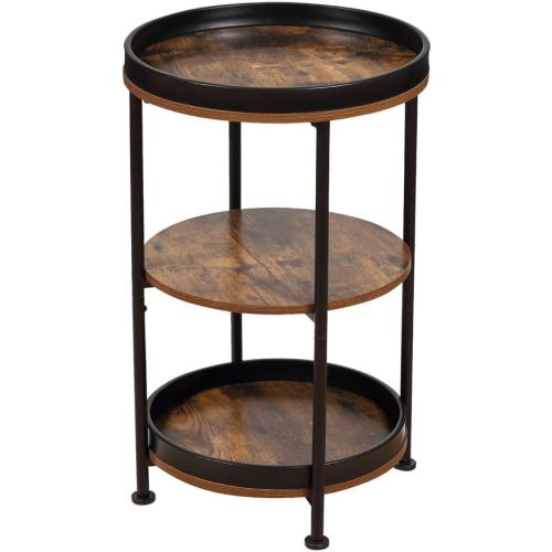 Dulcii Side Table, Round End Table with 3 Storage Shelves for Living Room, Bedroom, Nightstand with Steel Frame for Small Spaces, Industrial Round Sofa Table, Outdoor Accent Coffee Table, Rustic Brown