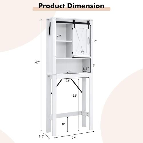 3-Tier Over The Toilet Storage Cabinet, Freestanding Bathroom Organizer Shelf with 3-Position Adjustable Shelves, Above Toilet Organizer with Sliding Barn Door, Space Saver, White