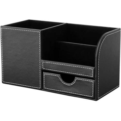KINGFOM Desk Organizer Office Supplies Caddy Pu Leather Multi-function Storage Box Pen/Pencil,Cell phone, Business Name Cards Remote Control Holder with Small Drawer Black