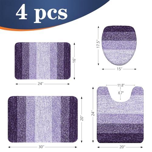 OLANLY Bathroom Rugs Sets 4 piece, Soft Microfiber Absorbent Bath Mat | Violet, U-Shaped Contour Toilet Mat and Toilet Lid Cover, Quick Dry, Machine Washable, Toilet Cover and Rug Set for Bathroom