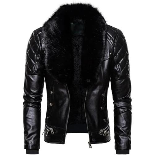 Fitshop Motorcycle Bomber  faux Leather Jacket Men Autumn Turn Down Fur Collar Cafe Racer Black Leather Jacket medium