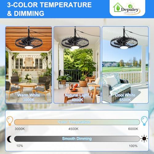 Depuley Outdoor Ceiling Fan with Light: 20 Inch Waterproof Gazebo Fans with Lights Outdoor Hanging - Plug in Remote App Control Caged Fans for Patios Pergola Porch Canopy - 6 Speed Black