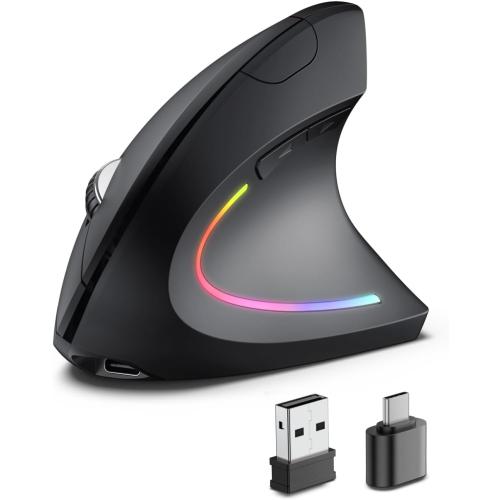 POJTK Ergonomic Wireless Rechargeable Mouse, Bluetooth USB A Type C(3 in 1) Connection, 5 Levels Up to 4800 DPI, 6 Silent Buttons, 2.4GHz Carpal Tunnel Vertical Mice, for Laptop, Desktop,MacBook-black
