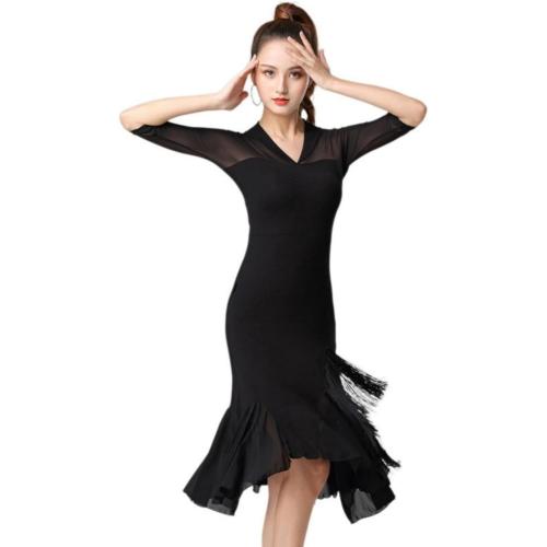 Size S...Honeystore Women's V Neck Dance Dress Tango Sheer Fringed Flapper Party Dancing Outfits