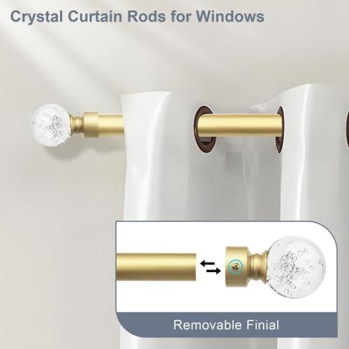 knobelite 2 Pack Gold Window Treatment Single Curtain Rods, Adjustable Curtain Rod from 22 to 48 Inches with Crystal Finial Finials,1-Inch Curtain Rods for Windows