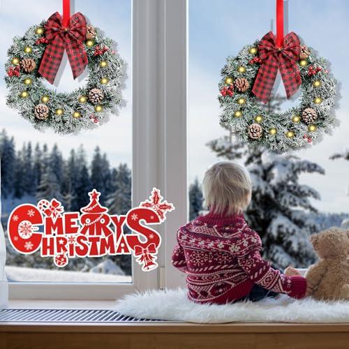 Geosar 3 Pcs LED Christmas Wreaths 13.8 with Bow Pine Cone Berry, Frosted