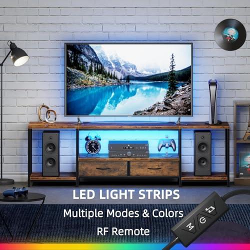 LED TV Stand for 75 70 Inch TV with Fabric Drawers LED Entertainment Center Television Stands with Storage Shelves for Living Room, Bedroom, TV Console Table 63 Rustic Brown