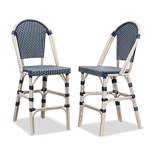 PURPLE LEAF French Counter Height Bar Stool Set of 2 25 White Print Finish Patio Bar Chairs with Back Rattan Bar Chairs French Bistro Set for Kitchen Outdoor Counter Stool Royal Blue
