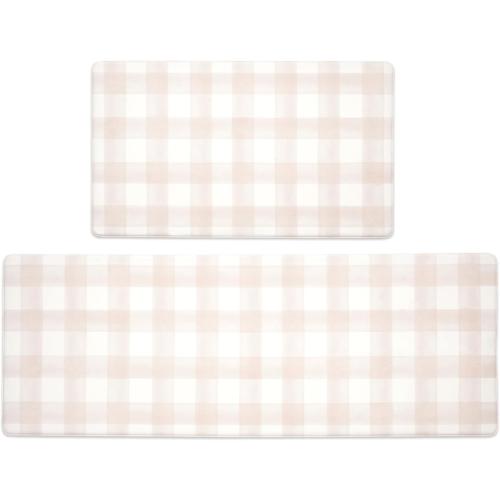 2 Pack Beige FRESHMINT Modern Farmhouse Plaid 2 Piece Set Kitchen Mats for Floor Anti Fatigue Waterproof & Non-Skid Kitchen Rugs Cushioned Kitchen Mat for Standing Washable Comfort Desk Kitchen Runners