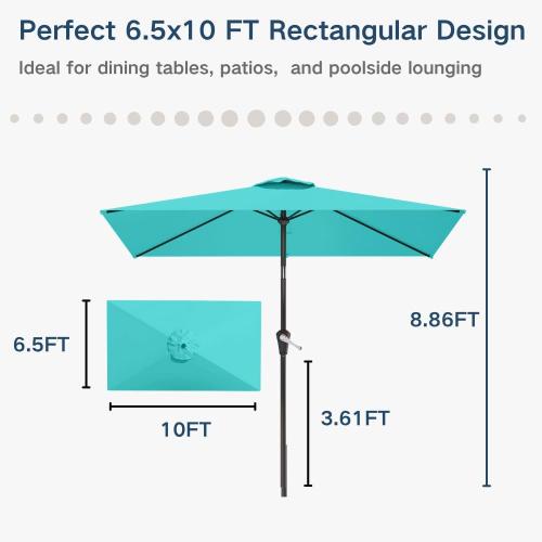 6.5' x 10' Rectangular Patio Umbrella Large Outdoor Market Umbrella w/UV Protection, Push Button Tilt and Crank Lift, Rectangle Table Umbrella for Garden, Deck, Pool, Patio, Aqua Blue