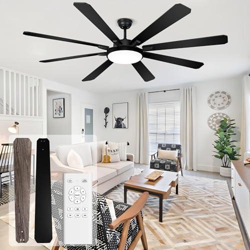 Ohniyou 72 Ceiling Fan with Light and Remote - Large Indoor Outdoor Ceiling Fan, 6 Speeds Reversible DC Motor, 8 Blades Farmhouse Industrial Ceiling Fans for Living Room Patio Bedroom, Black and Wood