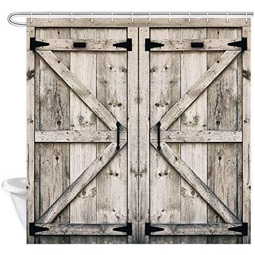 NYMB Rustic Wooden Vintage Wood Shower Curtain, Farmhouse Country Barn Door Shower with 12 Hooks, Waterproof Garage Cabin Curtain, 48X70