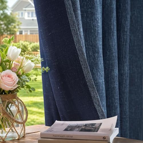 jinchan Burlap Linen Textured Curtains 90 Inches Long Blue Curtains for Living Room Light Filtering Farmhouse Curtain Panels Semi Sheer Country Rustic Window Drapes for Bedroom Rod Pocket 2 Panels