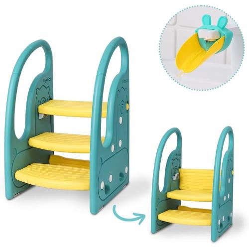 Toddler Step Stool Chair Onasti Kids 3 Step Standing Tower for Toddlers Plastic Learning Helper Stool for Kitchen Counter Bathroom Sink Toilet Potty Training with Handles and Non-Slip Pads-Green