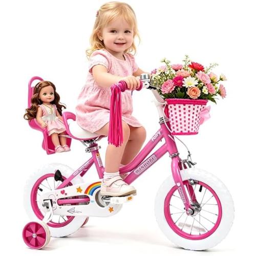 WinHope Girls Bike with Doll Seat, 12 14 16 18 20 Inch Kids Bike for 2-12 | Dual Brake with Training Wheels / Kickstand & Streamers Birthday Gift for Toddler Outdoor Riding, Multiple Colors