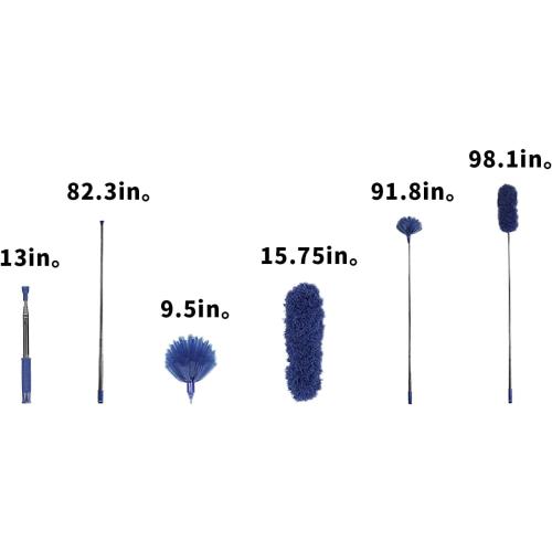 Cobweb Duster with Extension Pole, Washable Cleaning Duster Kit with 2 Duster Heads, Cobweb Duster, Corner Brush, Aluminum Telescoping Pole for Ceiling Fan (Blue)