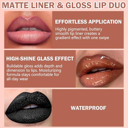 Lip Liner & Gloss Lipstick Combo - 2 in 1 Dual-Ended Lip Combo Set, Nude Brown Velvet Matte Lip Liner & Buildable Light Brown Glowy Lip Gloss Kit for Women, Long Wear Shiny Plumping Finish, 06