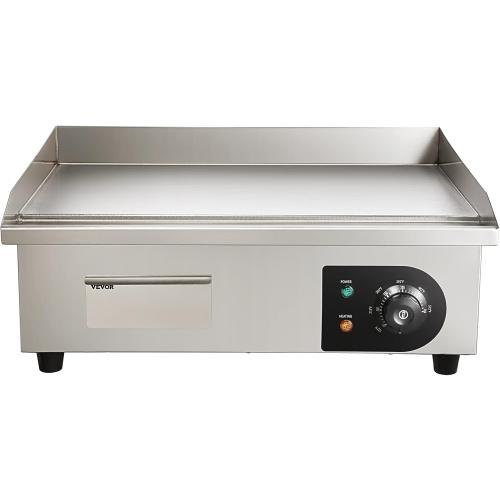VEVOR Commercial Electric Griddle, 22, 1600W Countertop Flat Top Griddle, Stainless Steel Teppanyaki Grill w/Iron Cooking Plate, 122-572℉ Adjustable Temp Control 2 Shovels & Brushes, 110V
