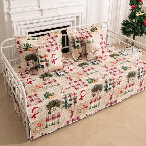 5-Piece Christmas Daybed Cover Set Twin Cozy Xmas Snowflake Reindeer Daybed Bedding Sets New Year Day Bed Comforter Bedspread, Santa Day Bed Cover with 4 Pillow Shams,39x75(Beige Red)