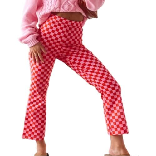 Size L- Women Casual Straight Wide Leg Flare Pants High Waist Baggy Checkerboard Printed Trousers Joggers 90s Streetwear