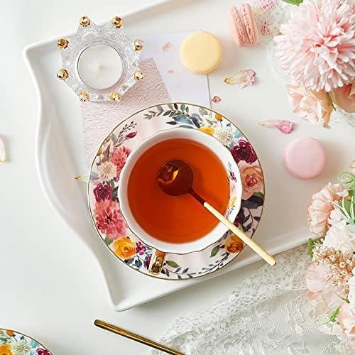 Lyellfe Set of 2 Tea Cup and Saucers, 8 Oz Floral Tea Cups with Gold Trim and Spoon, Porcelain British Coffee Cups for Party Christmas Birthday Wedding Gifts