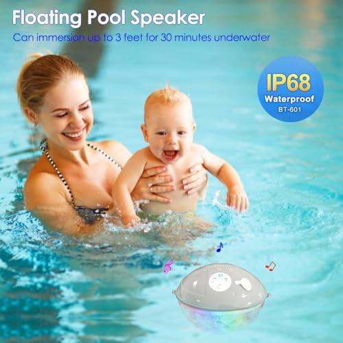 Floating Pool Speakers with Colorful Lights, IP68 Waterproof Bluetooth Speaker for Pool, Crystal Clear Sound Hot Tub Speaker for Pool, Spa and Outdoor
