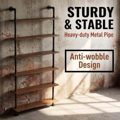 Industrial Pipe Bookshelf, 6 Layer Rustic Modern Wood Ladder Shelf with Metal Frame, Home Decor, Display Shelving, Retro Floating Shelving, 35.4x9.8x79in, 10-20lbs, Pine