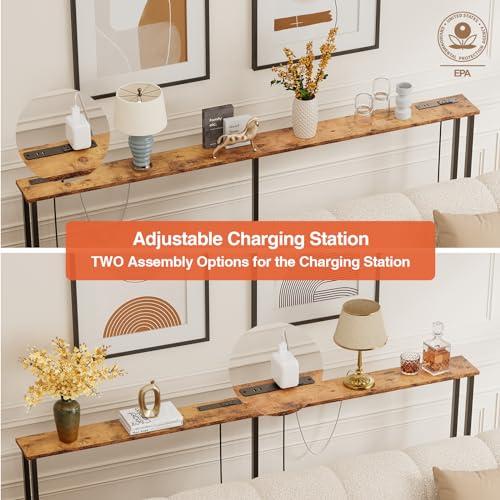 70 Narrow Console Sofa Table - 2 Power Outlets & 4 USB Ports, Metal Frame, Rustic Brown, Perfect for Hallway, Office, and Behind Sofa - Easy Assembly, 4.9' Extension Cord Included