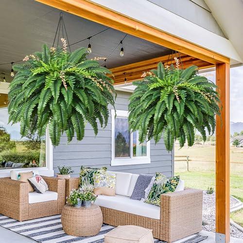 MARTINE MALL 2Pcs 48''/128 Leaves Artificial Ferns for Outdoors Look Real Fake Ferns, Large Faux Boston Ferns for Outdoor Planter Realistic UV Resistant Artificial Fake Plants for Porch Patio Hanging