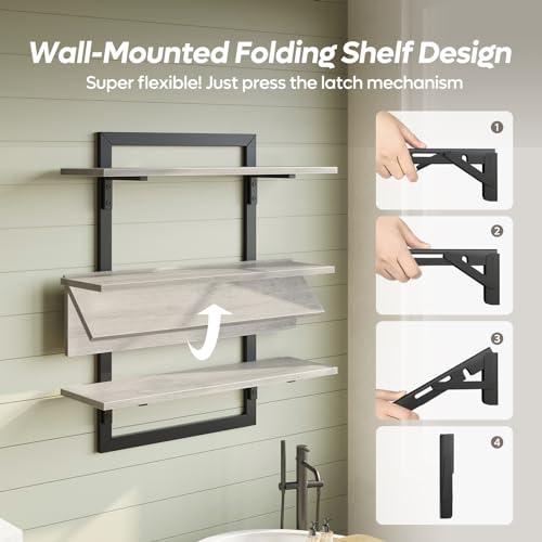 Size 24 Color Grey Bestier Floating Shelves for Wall, 24 inch Kitchen Shelves Wall Mounted, 3 Tier Coffee Bar Shelf with Foldable Brackets, Industrial Display Shelf for Bathroom, Living Room, Retro Grey