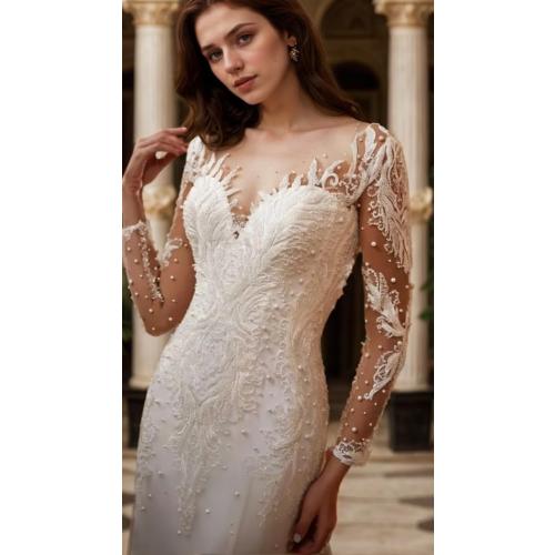 Size M Romantic Bridal Gown Detachable Train Mermaid V Neck Long Sleeve Wedding Dresses with Appliques 2024