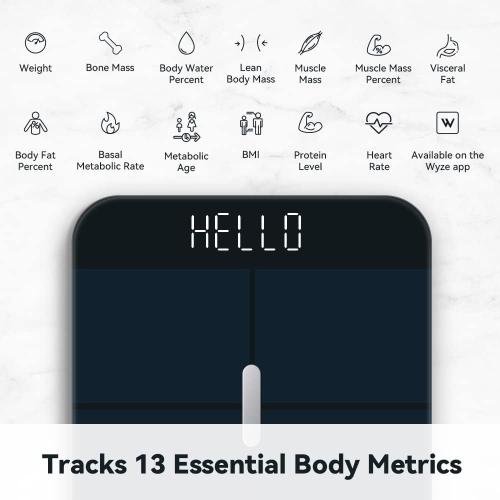 Color Black Wyze Smart Scale X - Digital Bathroom Scale for Body Weight, BMI, Body Fat, Muscle Mass, Heart Rate Monitor | Sync with Health Apps | Body Composition Analyzer for People, Baby & Pet, 400 lbs (Black)