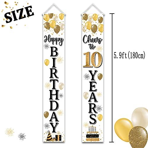 Happy 10th Birthday Decorations,10th Gold Balloon Birthday Theme Door Hanging Banner Sign,Cheers to Ten Years Old Bday Party Supplies.